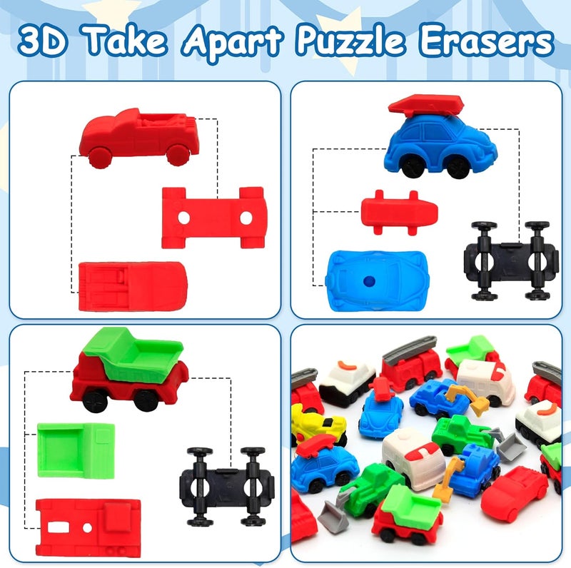 Satomoto 40 pcs Truck Erasers for Kids Classroom Prizes,Truck Eraser Puzzle 3D Take Apart Car Pencil Erasers for Class Treasure Box,Game Rewards,Party Favors,Easter Egg Stuffers - Image 2